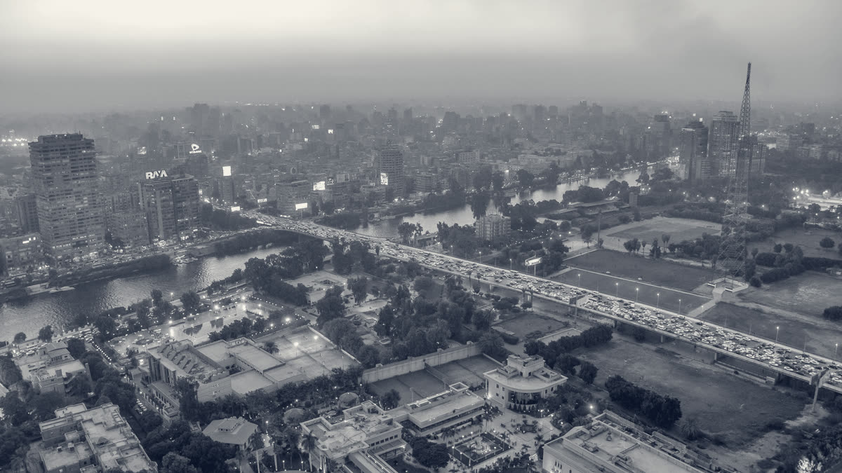 Qasr al-Nil Bridge and Zamalek at dusk, from the Cairo Tower
